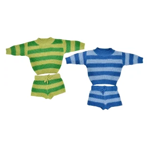 Fall Winter Custom 100% Cotton Stripe and Solid  Baby Sweater Set Winter Long Sleeve Chunky Pullover and Shorts Kids Knit Set