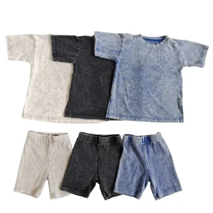 Custom Acid Washed Vintage Summer Baby Unisex Short Sleeve T-Shirt and Biker Shorts High Quality Clothes