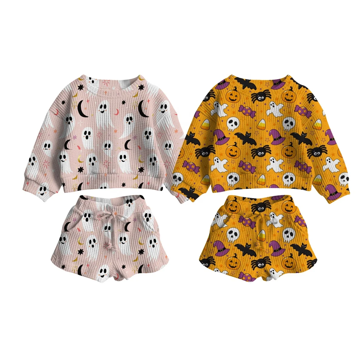 Custom Baby Halloween Waffle Set Ghost Pumpkin Seamless Design Print Pattern Long Sleeve Shirt and Shorts Casual Two Pieces Set - Image 3
