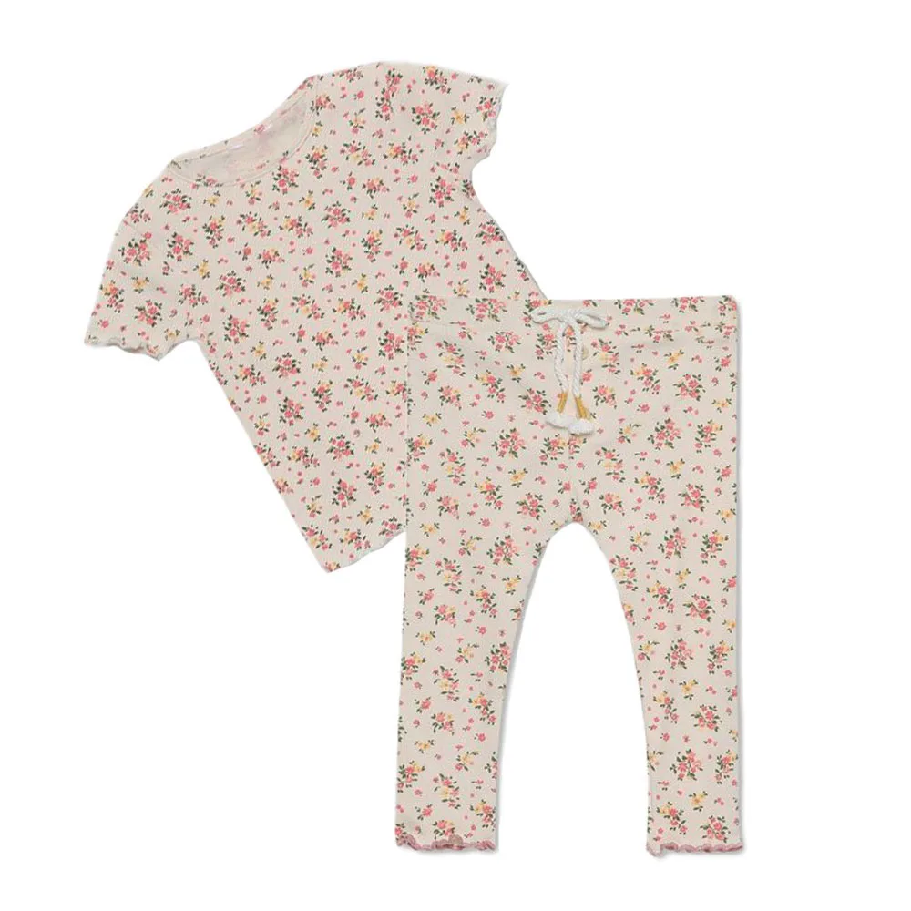 Infant Girls 2pcs Outfit Long Sleeve Pullover Shit with Footie Pant Newborn Baby Vintage Floral Print Rib Pajama Set - Image 3