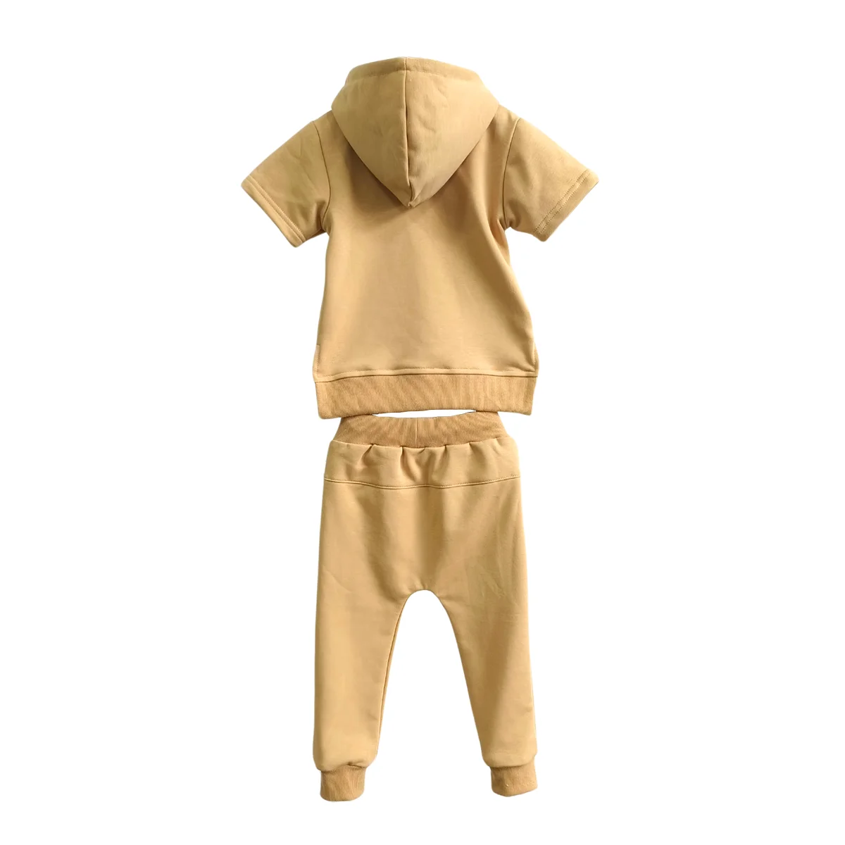 Custom Cotton Kids Hooded Solid Color Short-sleeved Trousers Two-piece Design Pocket Drawstring Trousers Suit - Image 4
