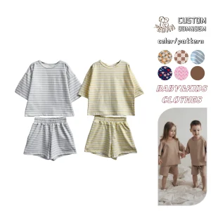 Summer Infant Short Sleeve Lace-up Shorts Knitted Stripe Outfits Baby Boys Girls Clothing Sets