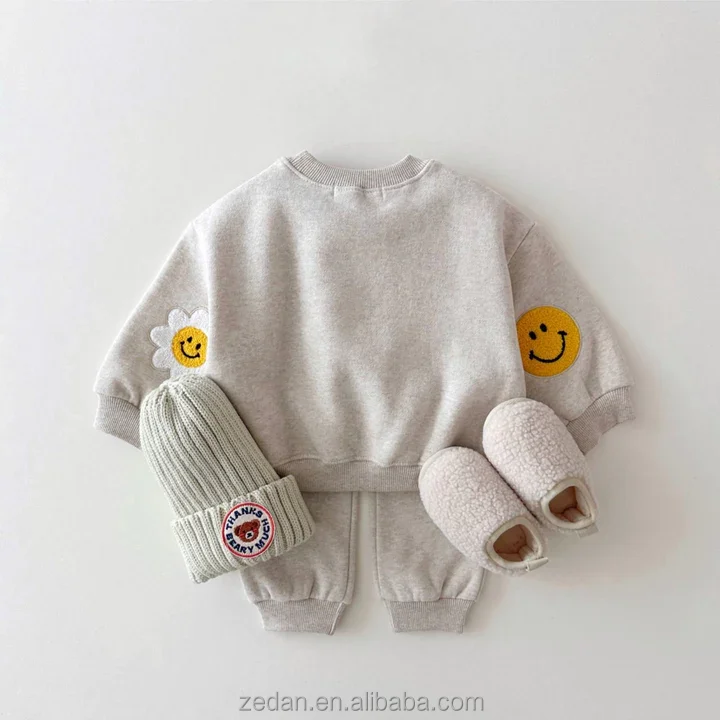 Hot Sale Baby Sunflower Smile Patch Clothes Sets Solid Custom Color Cute Long Sleeves Jogger Sets for Spring - Image 3