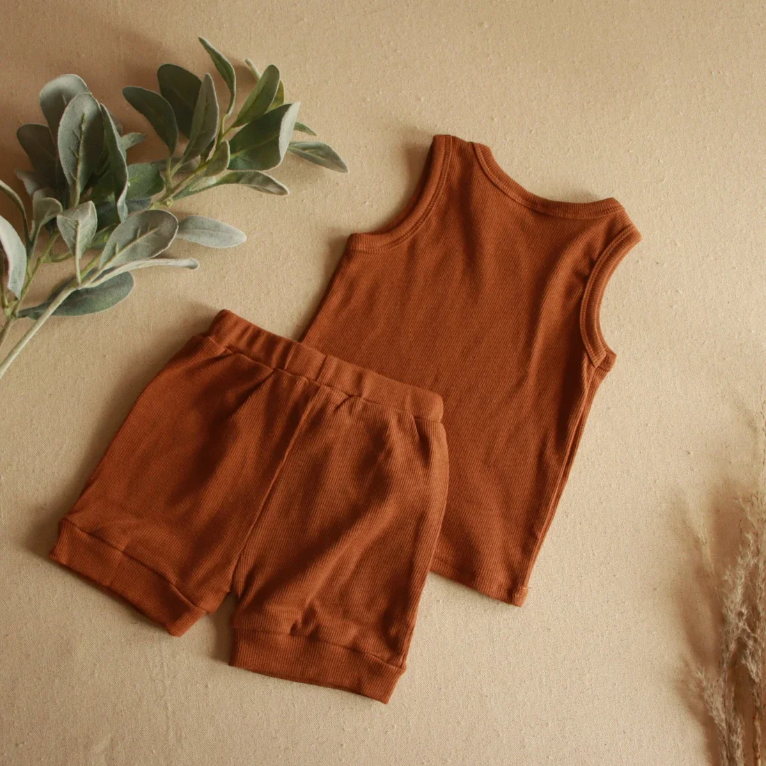 Custom Knitted Rib Cotton Solid Casual Sleeveless Unisex Baby Clothing Sets for Summer - Image 3