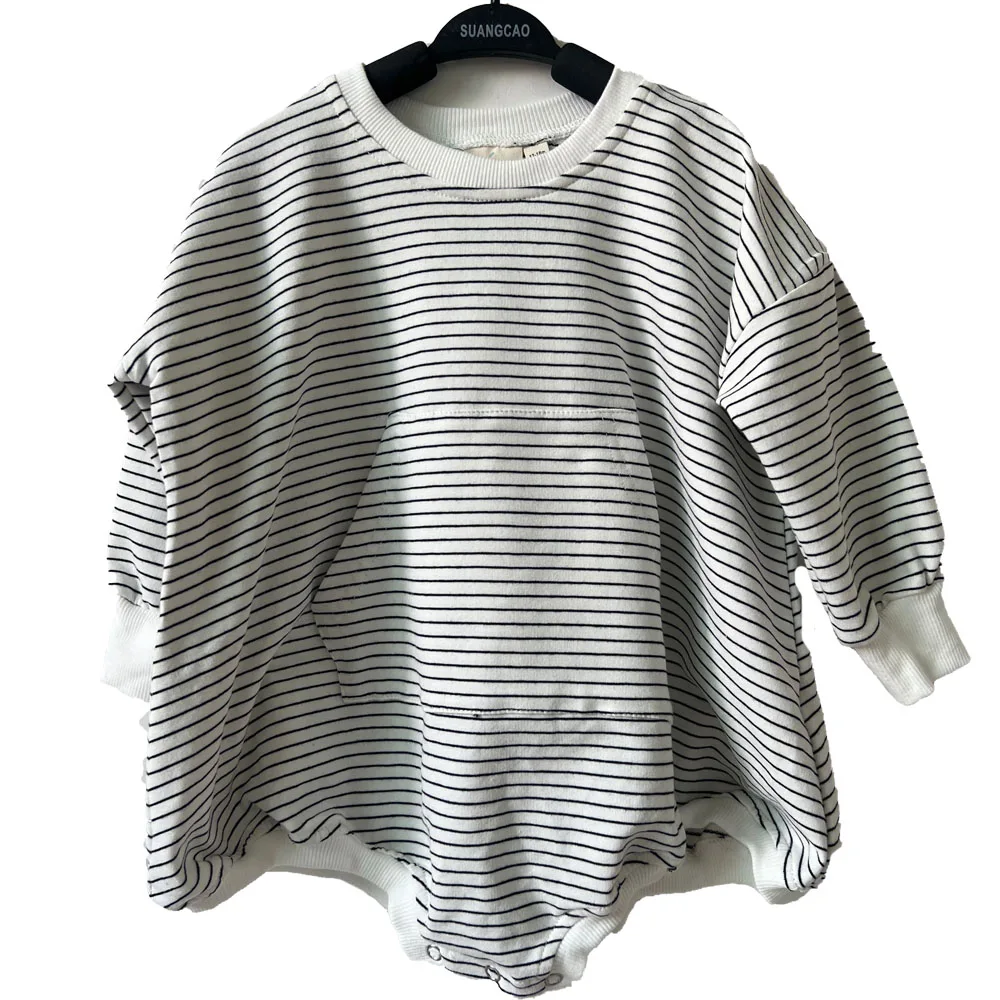 New Design French Terry Long Sleeve Striped Baby Bubble Rompers with Pocket for Autumn - Image 3