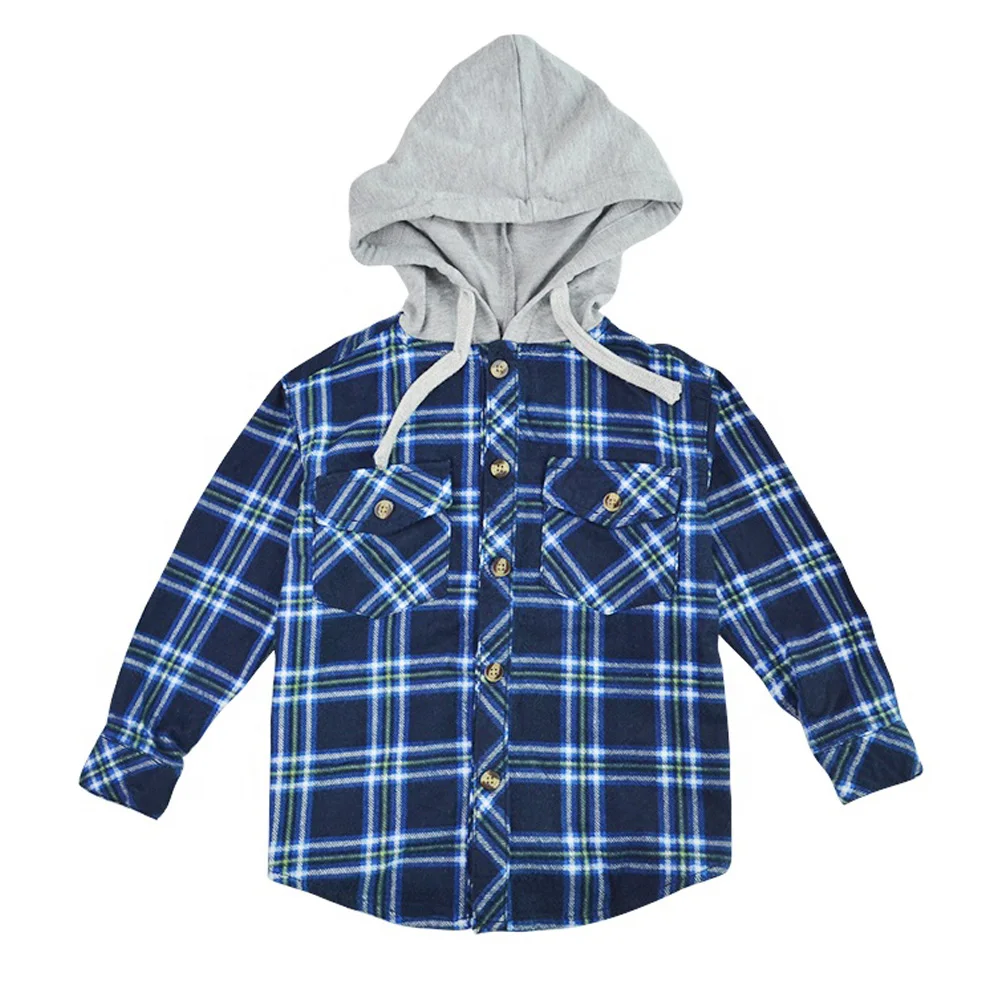 Custom Spring Autumn Toddler Boys Hooded Plaid Pockets Flannel Shirts Fashion Long Sleeve Coat - Image 6