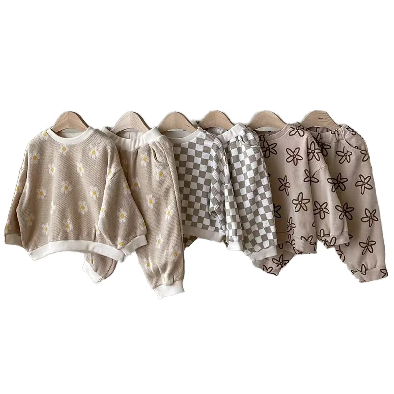 Wholesale Toddler Spring Autumn Custom Print Pattern Waffle Cotton Baby Clothes Long Sleeve Casual Set
