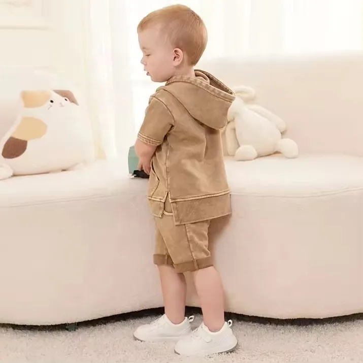 Custom Vintage Kids Acid Wash Design French Terry Cotton Short Sleeve Hoodies and Shorts Two Pieces Set - Image 4