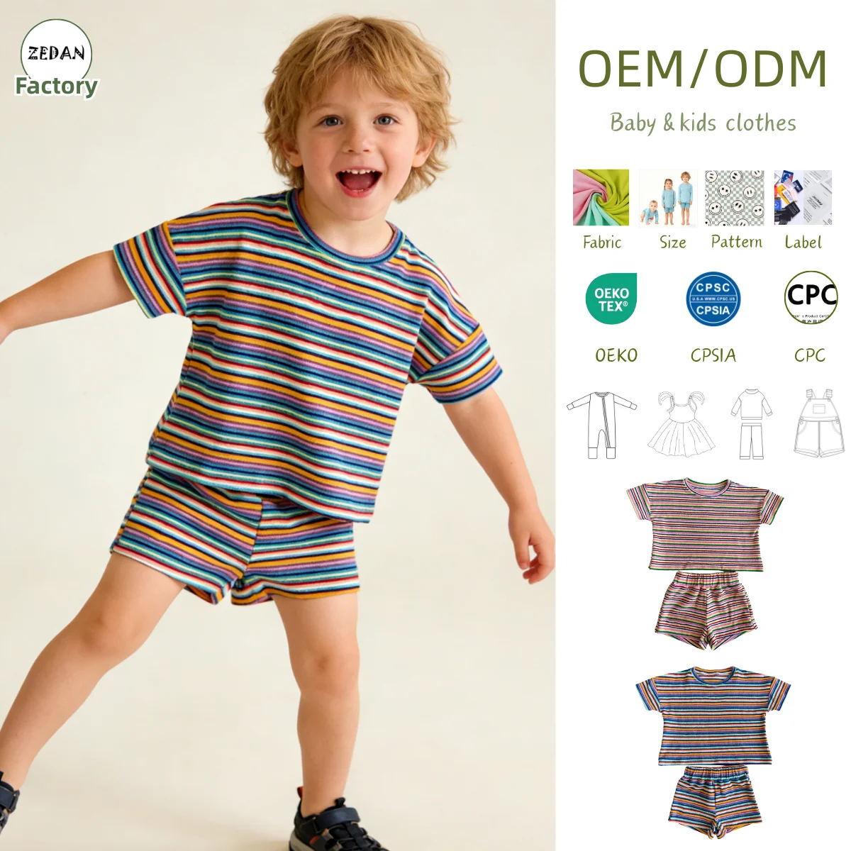 Summer 2-Piece Clothing Kids Rainbow Striped Terry Cloth Set Short Sleeve Top & Elastic Waist Shorts Kids Clothes Set for 0-8T