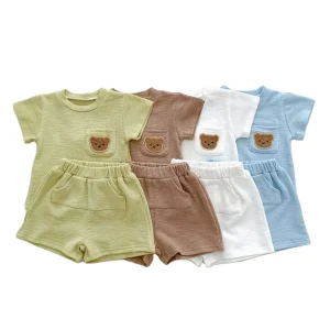 Boys Teddy Pocket Outfit Short-sleeved T-shirts and Bottoms Set Children Ribbed Cotton Baby Clothes