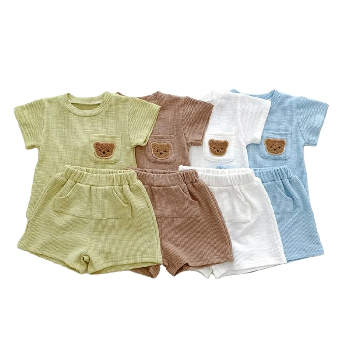 Boys Teddy Pocket Outfit Short-sleeved T-shirts and Bottoms Set Children Ribbed Cotton Baby Clothes