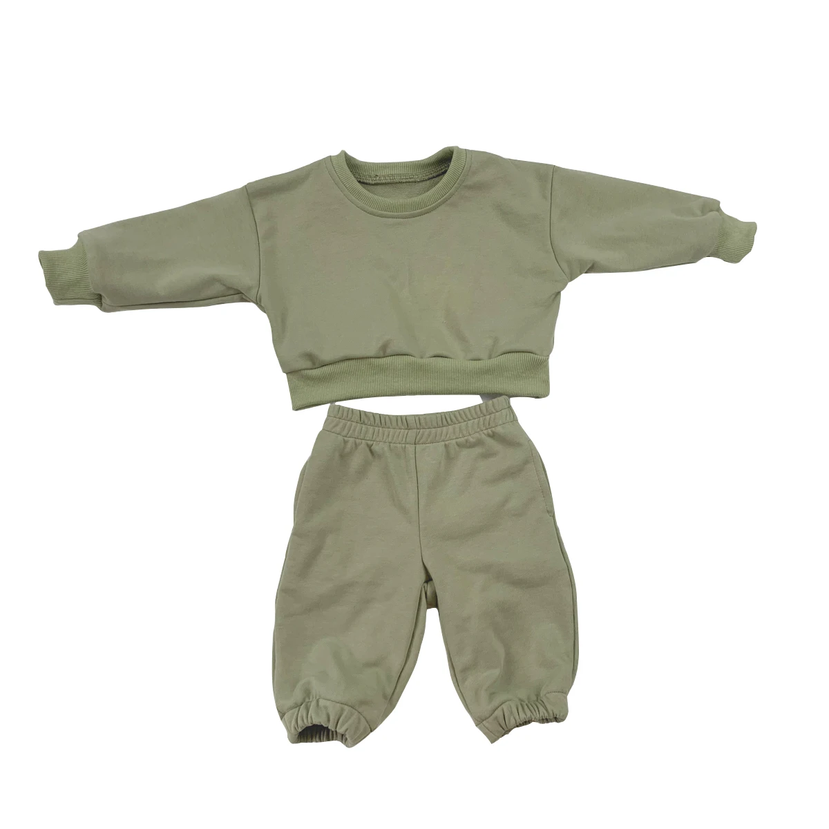 Custom Kids Fall French Terry Solid Round Neck Long Sleeve Baby Kids Toddler Tracksuit Fashion Clothes Set - Image 4