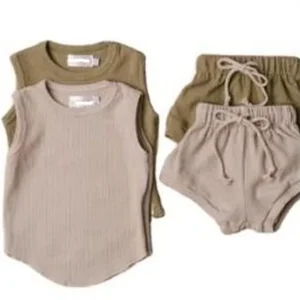 Unisex Hot Sale Summer Baby Clothing Sets tank Top Matching Shorts Bloomers Soft Waffle Knitted Jogger Sets for Kids