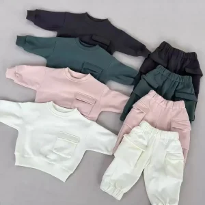 Basic Fall Winter Oversize  Unisex Baby Toddler French Terry Tracksuit Pockets Sets 2 Pcs Jogger Sets Kids Clothes Set