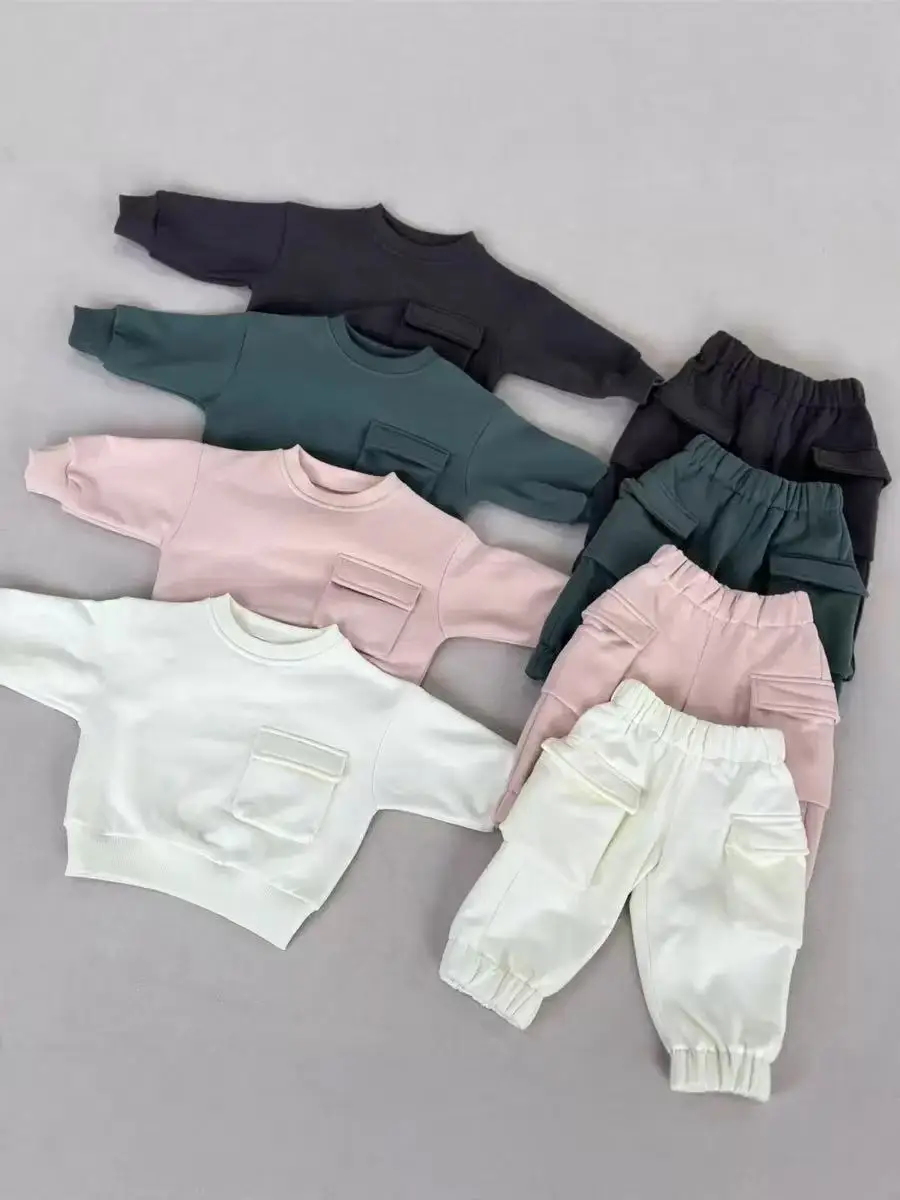 Basic Fall Winter Oversize Unisex Baby Toddler French Terry Tracksuit Pockets Sets 2 Pcs Jogger Sets Kids Clothes Set