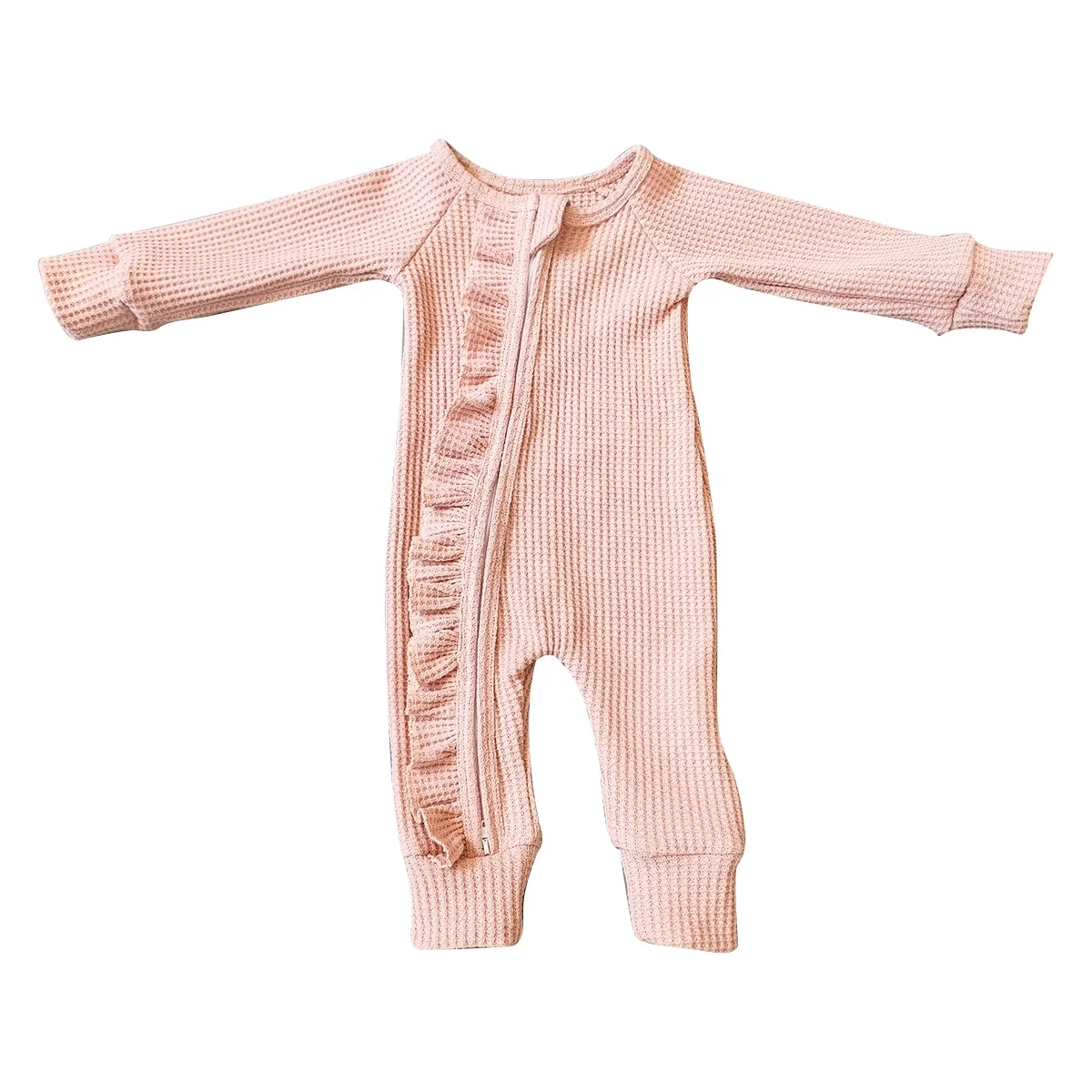 Custom Baby Ruffle Romper Waffle Knit Cotton Soft and Elastic Newborn Baby Girl Gift Pajamas Romper - Image 4
