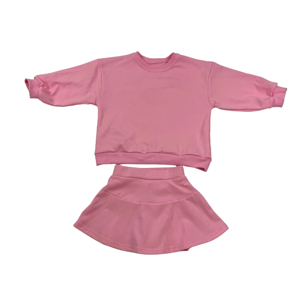 Fashionable Custom Kids Fall Solid French Terry Culottes Lining Dress Set Long Sleeve Baby Kids Toddler Tracksuit Clothes Set - Image 4