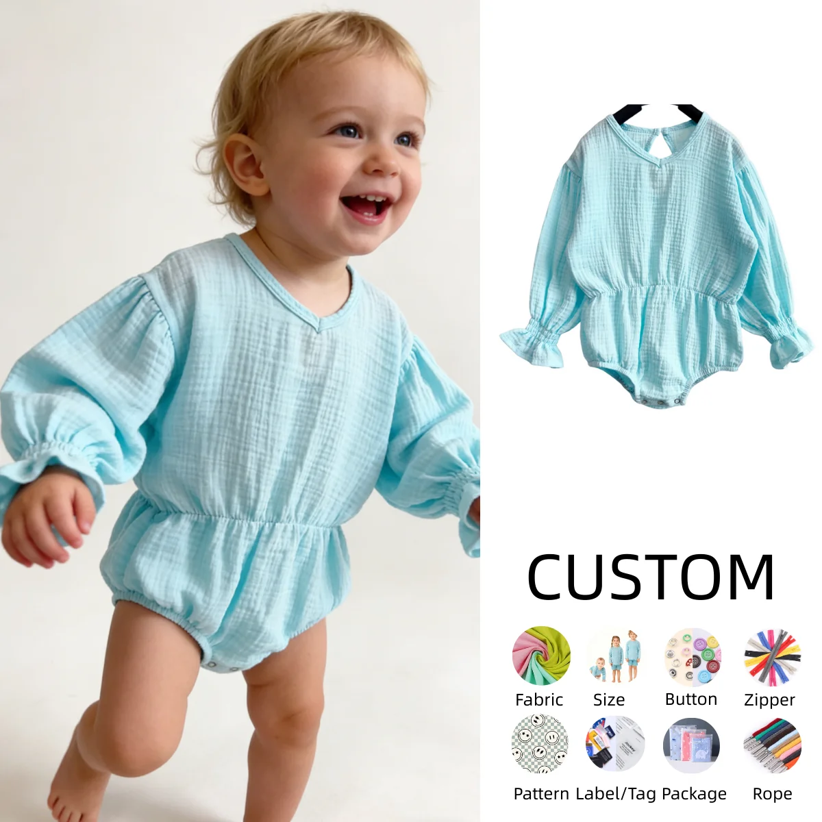Custom Infant Baby Girl Crape Cotton Romper Smocked Bubble Bodysuit Frill Trim Ruffle One-Piece Jumpsuit Cute Summer Clothes