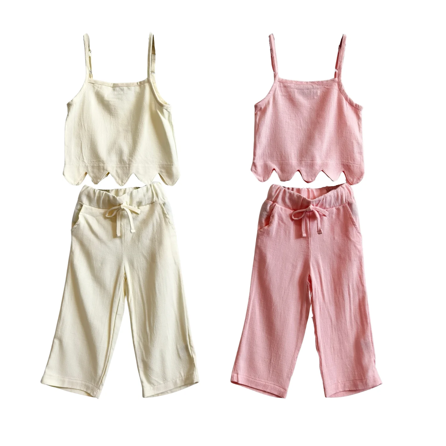 Customized Kids Clothes Set Toddler Baby Girl Summer 2Pcs Outfit Sleeveless Top and Cotton Linen Pants Set Solid Color Clothes - Image 3