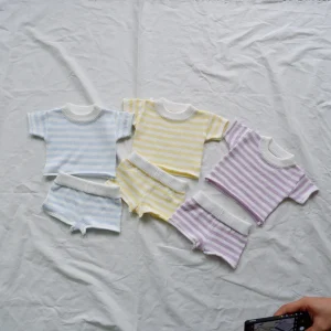 Custom Stripe 100% Cotton Soft Baby Toddler Knitted Short 2 Pieces Set Clothes Suit