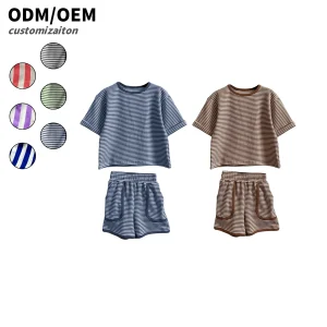 Casual Infant Clothing Sets Short Sleeve and Shorts in Cotton Waffle Stripe for Baby Boys and Girls