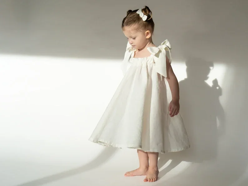 Girls Strap Cute Dress Sleeveless Bow Flared Princess Dress Kids Linen Cotton Cute Ruffle Dress - Image 6