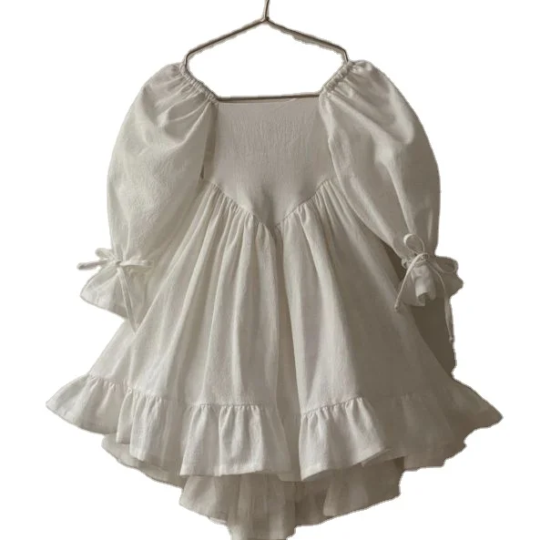 2024 Custom Linen Cotton Blend Bubble Sleeve Back Tie Princess Ruffle Big Skirt Dress - Image 3