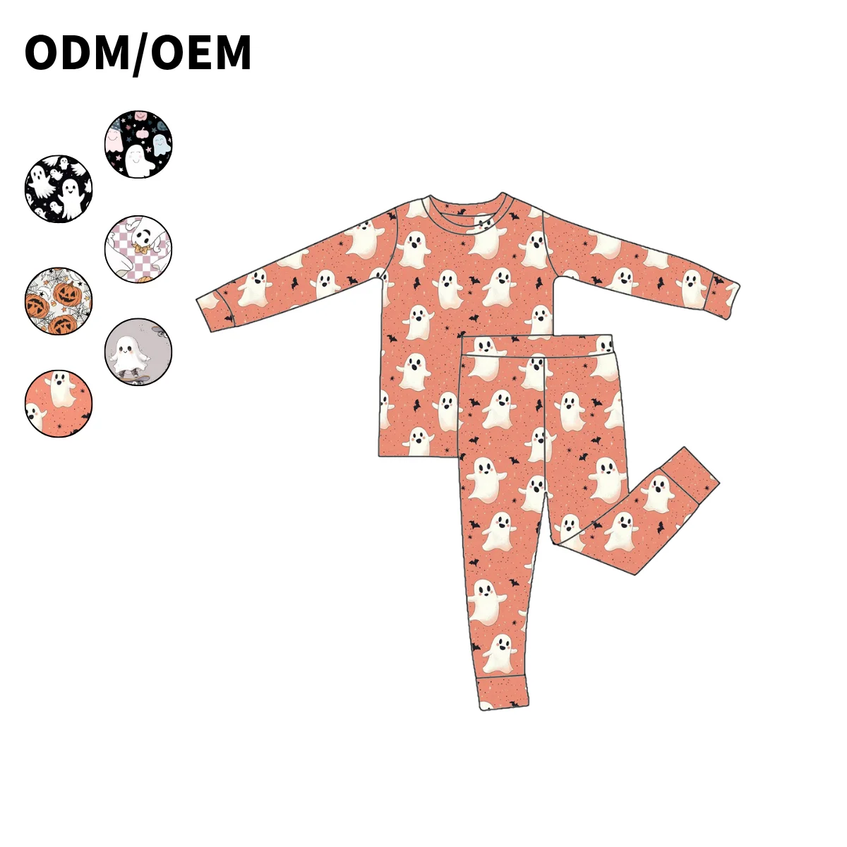OEM Kids Toddler Unisex Bamboo Pajamas 2pcs Romper Halloween Pumpkin Ghost Pattern Soft Cute Baby Long Sleeve Set