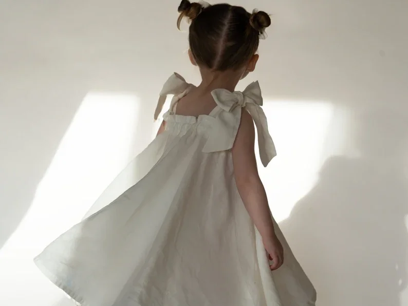 Girls Strap Cute Dress Sleeveless Bow Flared Princess Dress Kids Linen Cotton Cute Ruffle Dress - Image 5