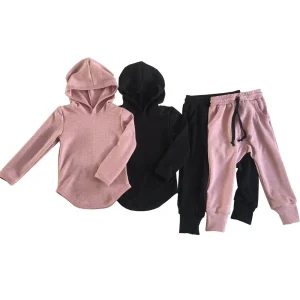 Custom Waffle Cotton Fall Soft Baby Two Piece Outfit Toddler Long Sleeve Hooded and Joggers Clothes Set