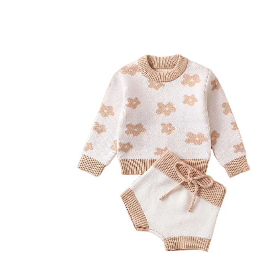 RTS Hot Sell Soft Baby Kids Knit Crop Jumper Floral Cute Knit Sweater Clothes Set