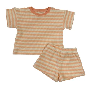 Custom Summer Baby Kids Boys Girls Unisex Stripe Waffle Cotton Cute Shorts Sleeve and Shorts Set Outfit