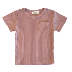 Hot Sale Ribbed Cotton Solid Color Short Sleeve Baby Tshirts with Pocket and Label for Summer