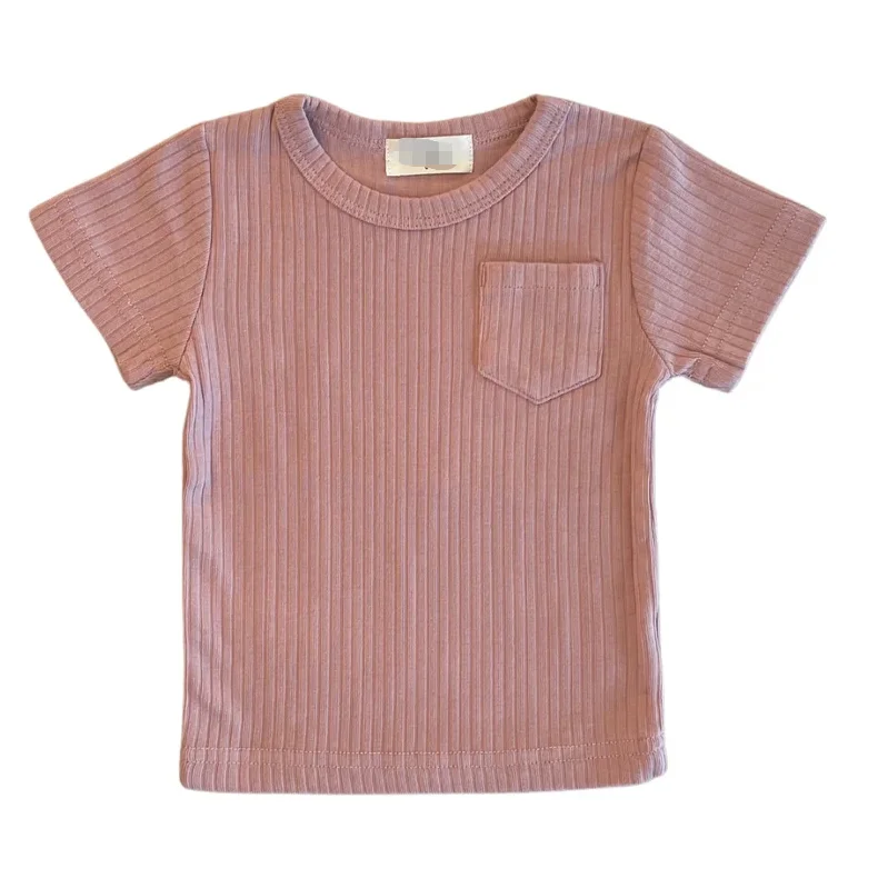 Hot Sale Ribbed Cotton Solid Color Short Sleeve Baby Tshirts with Pocket and Label for Summer