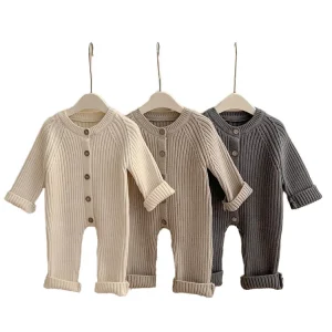 RTS Knit Newborn Baby Winter Solid Sweater Long Sleeve Button Romper