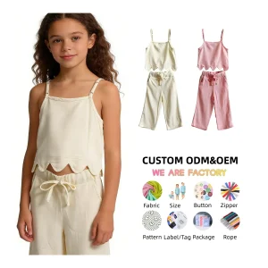Girl's Outfit Two-Piece Girls' Summer Set Cotton and Linen Suspender Pants Set Clothing for Girls 0-8T Breathable Material