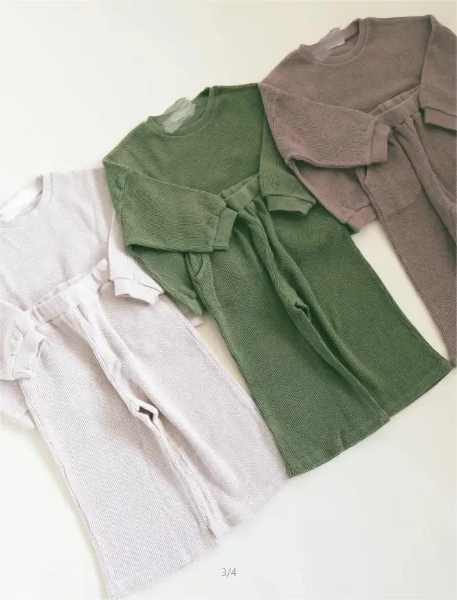 Custom New Design Oversize Solid Color Flare Waffle Cotton Casual Kids Pullover Set 2 Piece Clothes Set - Image 4