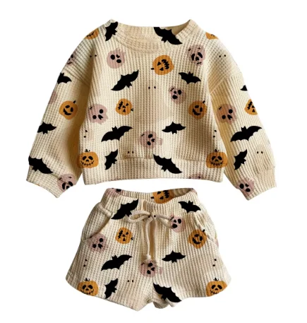 Custom Baby Halloween Waffle Set Ghost Pumpkin Seamless Design Print Pattern Long Sleeve Shirt and Shorts Casual Two Pieces Set - Image 4