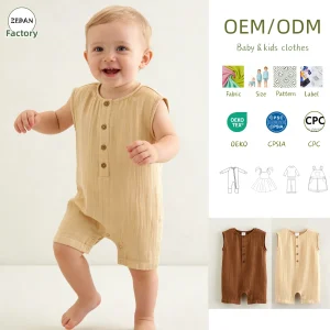 Baby Summer Romper New Cute Casual Sleeveless Jumpsuit Cotton Gauze Henley Romper Baby Clothes Button Half Placket Climbing Suit
