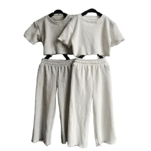 Summer Girl Loose Short T-shirt Long Pants Set Waffle Solid Color Home Set Short Sleeve Suit for Kids