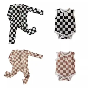 Baby Long Sleeve Checkered Romper Custom Print Bamboo Pattern Onesie Toddler Checked Romper