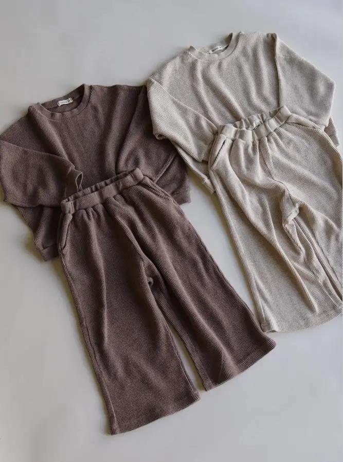 Spring Autumn Infant Toddler Unisex Boys Girls Waffle Stripe Oversized Crewneck Sweatshirt and Shorts 2pcs Set - Image 4