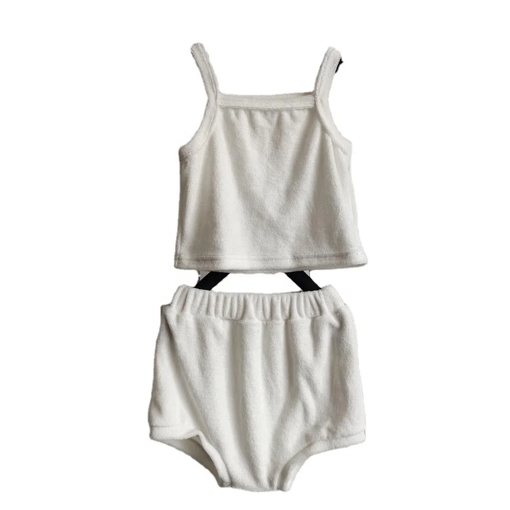 Factory Custom Summer Baby Kids Terry Towel Clothes Set Sleeveless Top with Shorts tank Suit - Image 2