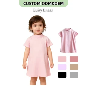 Summer Baby Clothing Wholesale 100% Cotton Dress for Kids O-Neck Casual Solid Pattern Short Sleeve Customizable for Girls