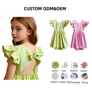 Casual Solid Wholesale Dress Cotton and Linen Flying Sleeve Backless Skirt O-Neck Summer Baby Dress for Girls