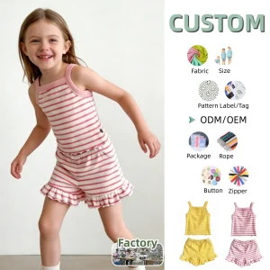 Summer Short Girl's Set Girl's Outfit Two-Piece Short-sleeved Halter Top and Shorts Suits Baby Striped Towel Fabric Short Set