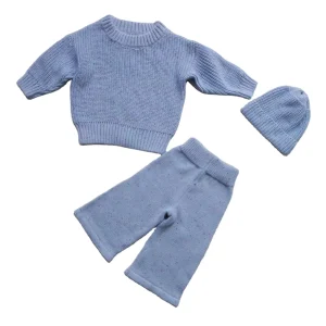 Custom Warm Baby Kids Soft 100% Cotton Winter 3pcs Long Sleeve Knitted Sweater Suit Clothes Sets with Hat
