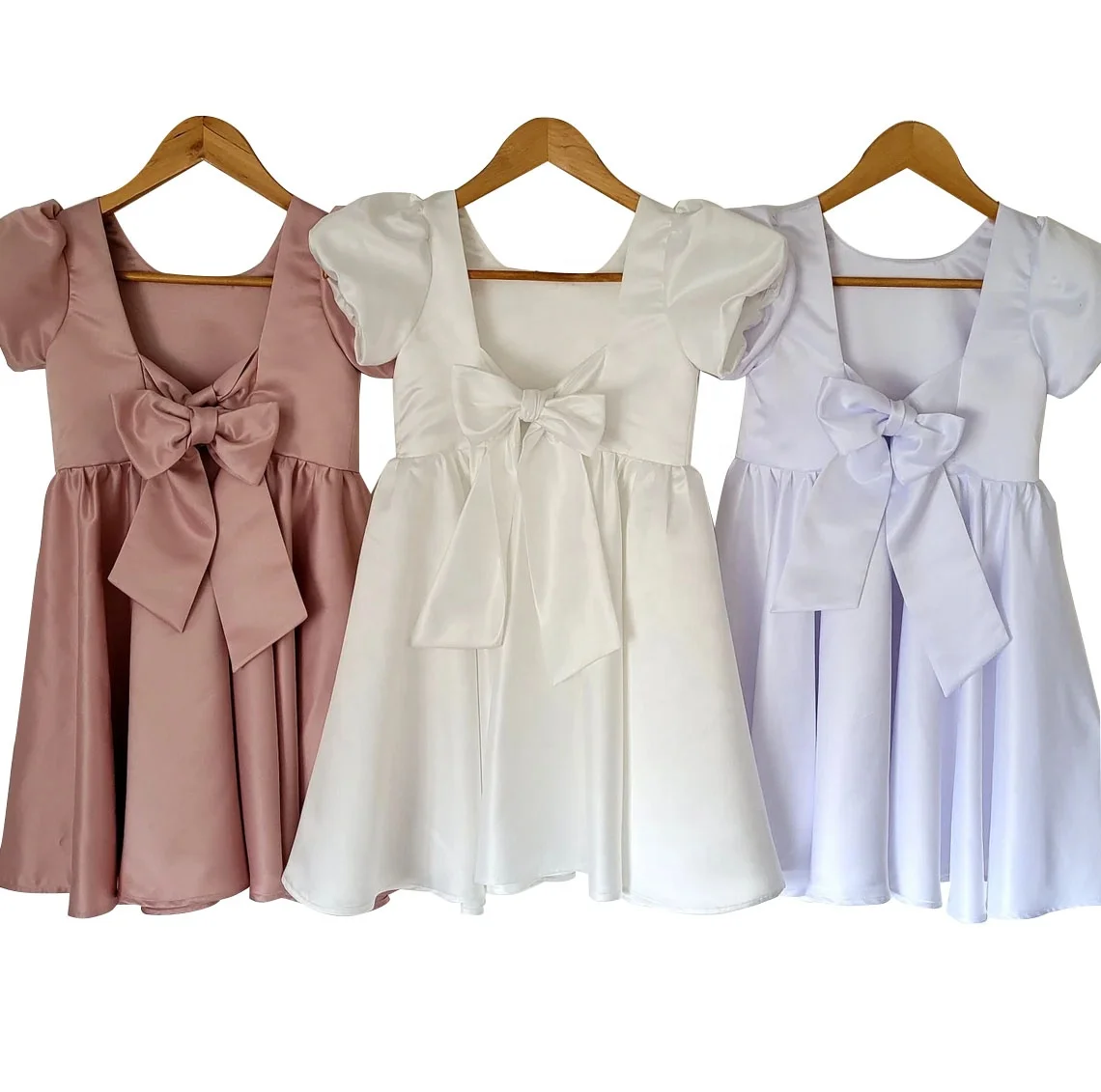 Custom Baby Little Girl First Birthday Party Dress White Puffy Sleeve Back Bow Elastic Satin Dress - Image 2