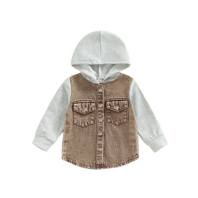 Custom Fall Button Baby Kids Washed Denim Coat Block Cotton Hood Jacket - Image 5