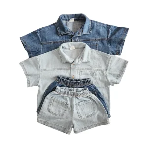 Wholesale Baby Clothes Sets Short Sleeves Neutral Baby Toddler Short Sleeve Denim Outfit Sets  for Summer